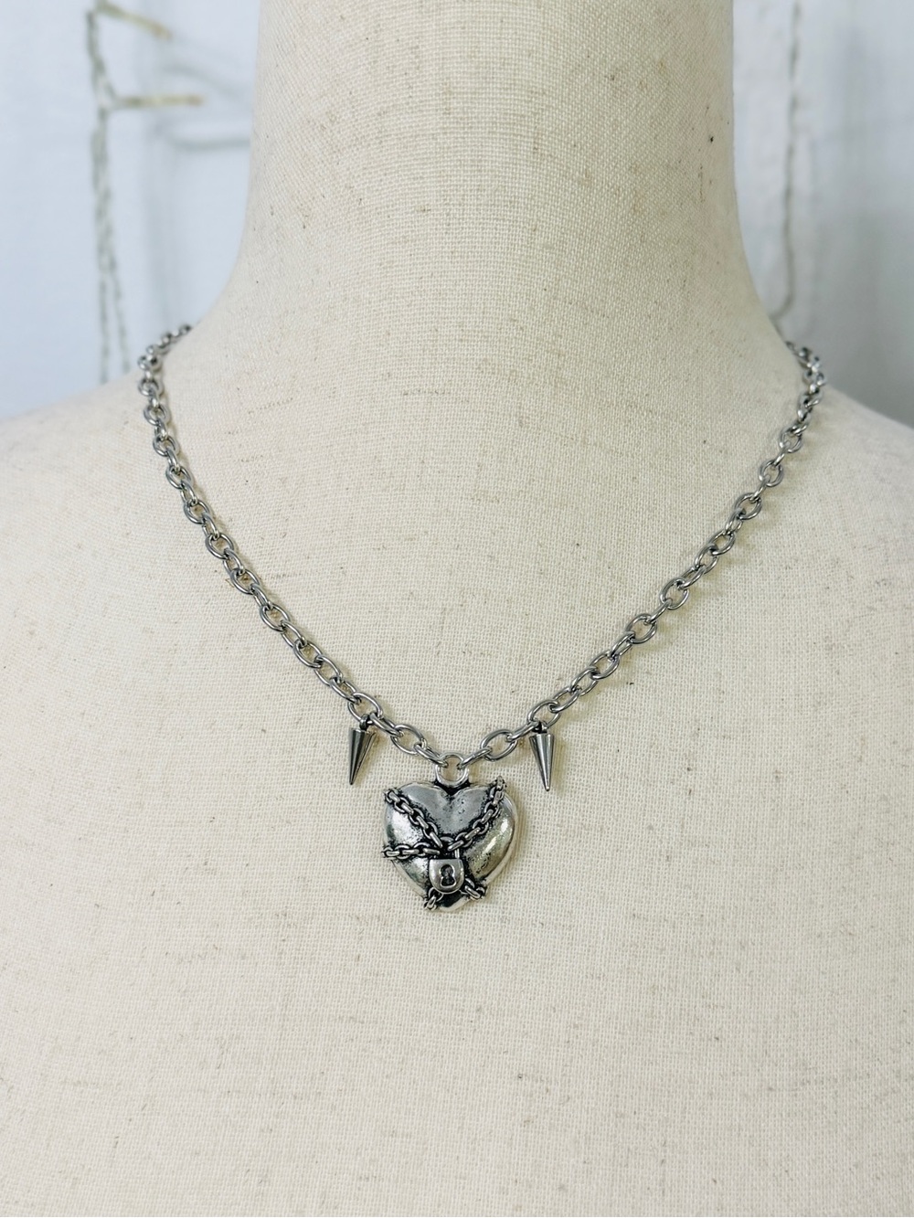 Silver Heart Lock & Spike Chain Necklace - Women Jewelry